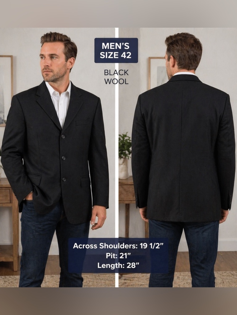 ZYLOS 100% wool Black Suit Jacket Size 42 shoulders 19 1/2” Pit 21”
Length 28”